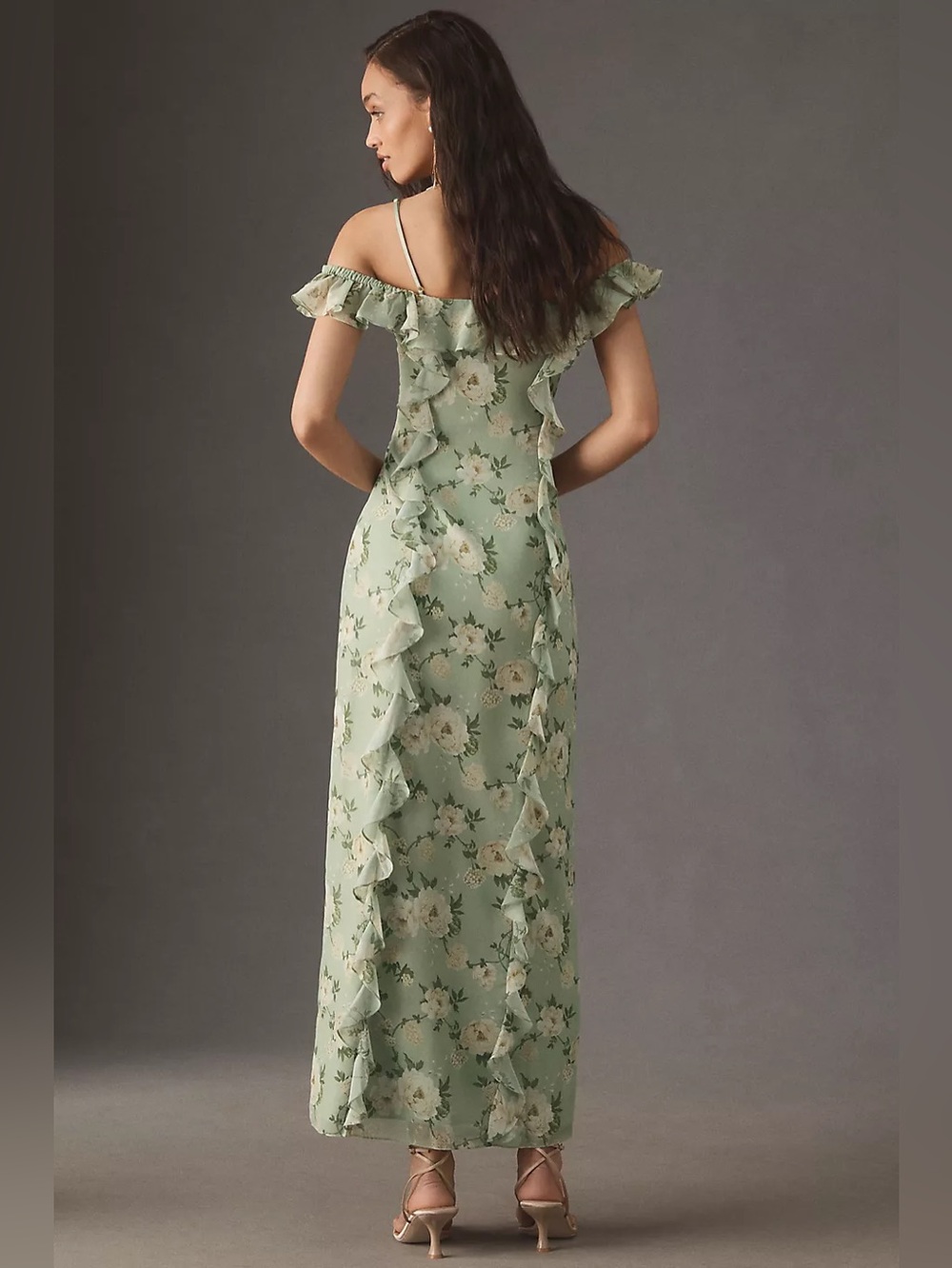 Dreamy Anthropologie BHLDN Off-Shoulder Ruffled Green Chiffon Maxi Dress XXS - Picture 10 of 12